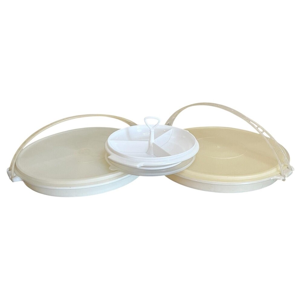Vintage Tupperware Serving Tray Lot 3 Divided Party Platter 405 608 Handles